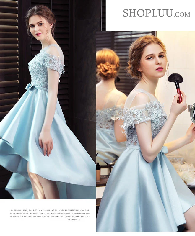 Light Blue Satin Lace Prom Dress, Blue Lace Evening Dress - Deanwangkt