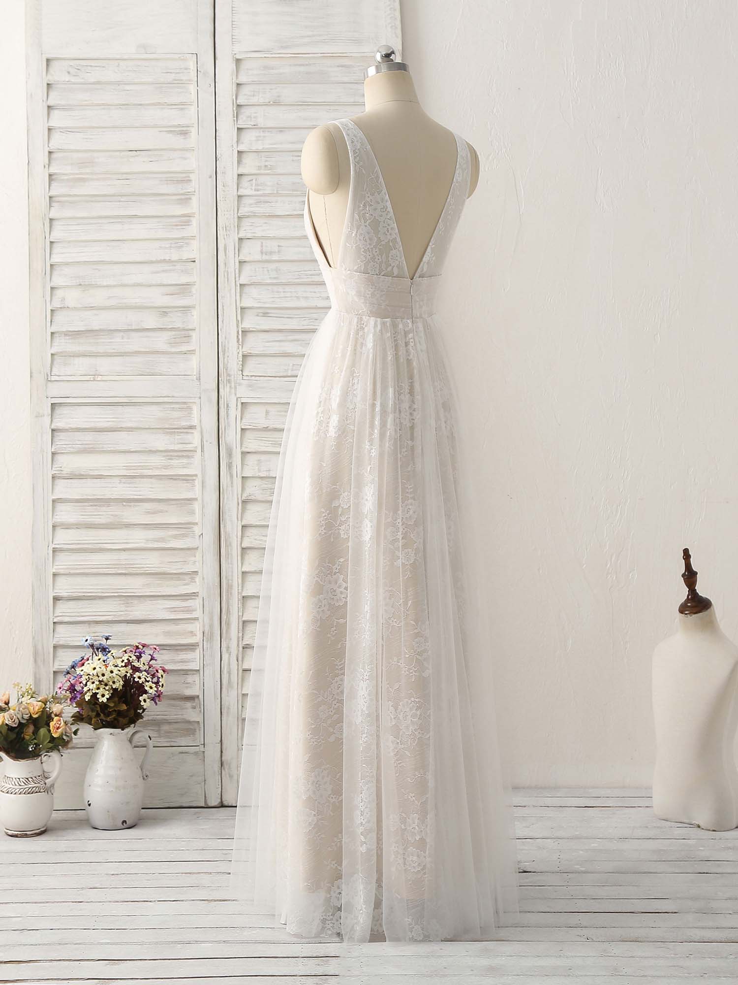 White V Neck Lace Long Prom Dress Backless Lace Evening Dress - Deanwangkt