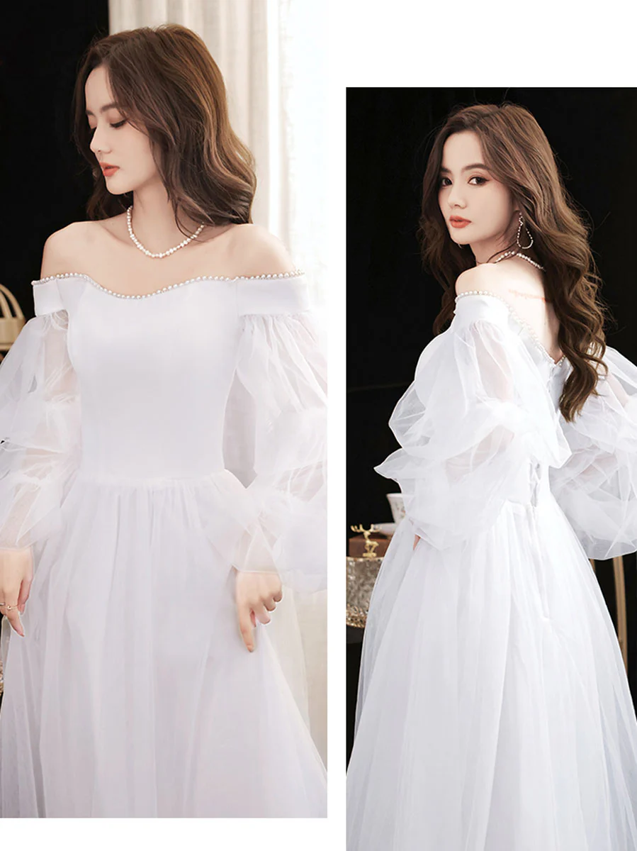 Simple White Tulle Long Prom Dress, White Formal Dresses - Deanwangkt