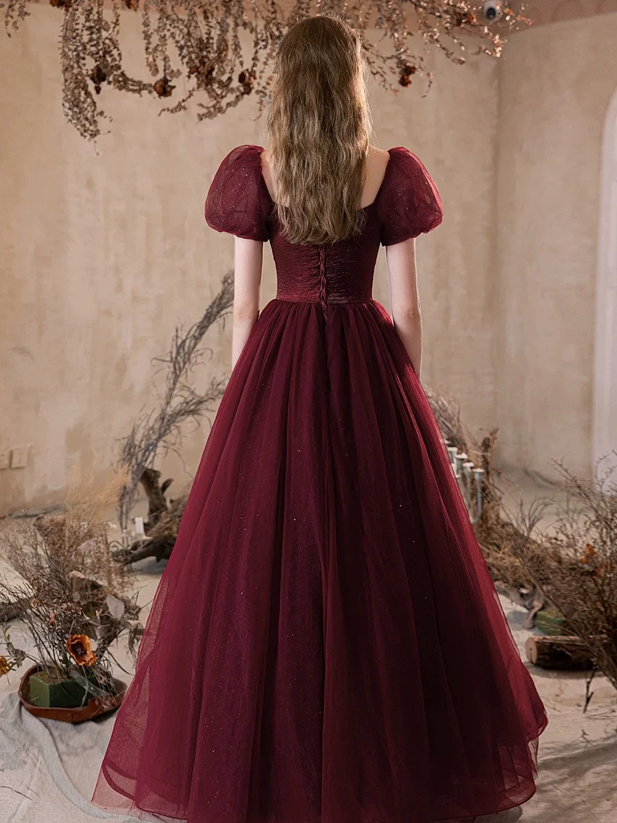 A-Line Puff Sleeves Tulle Burgundy Long Prom Dress, Burgundy Long Formal Dress - Deanwangkt