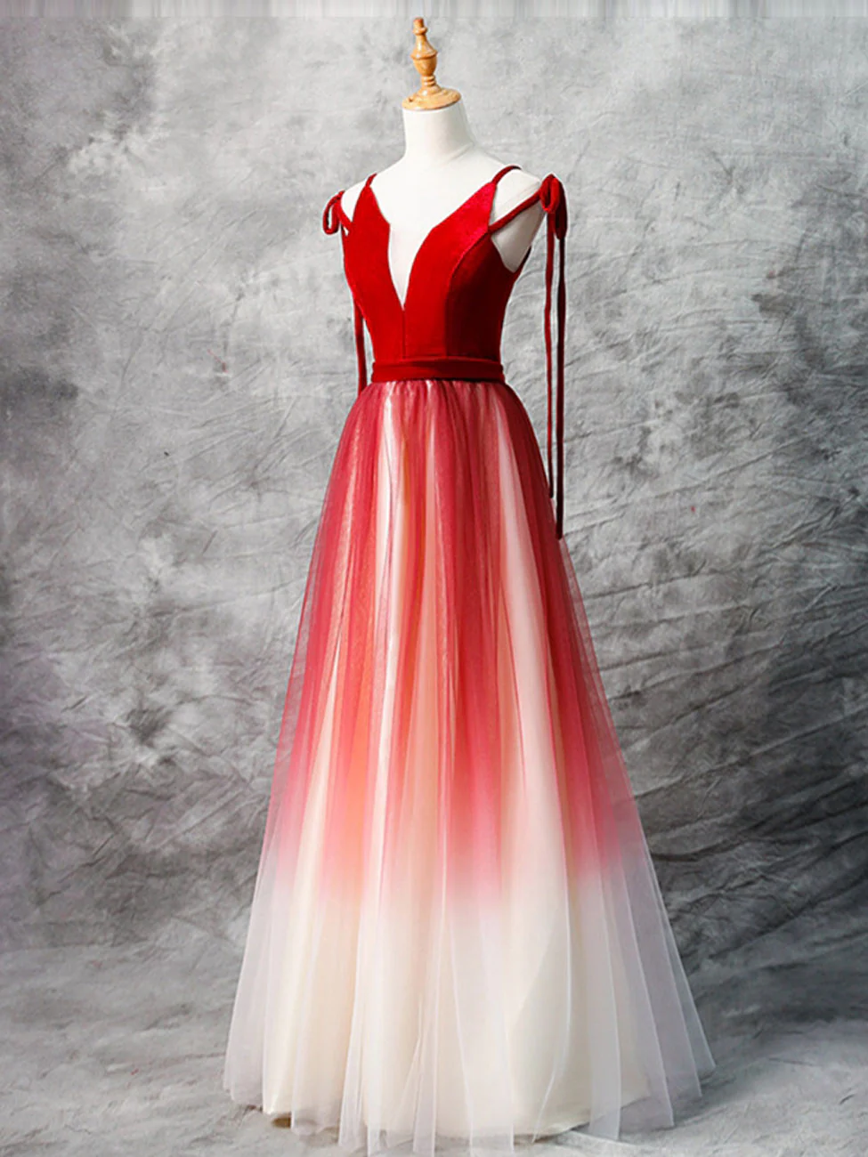 A-Line Red Velvet Tulle Long Prom Dress, Red Formal Dress - Deanwangkt