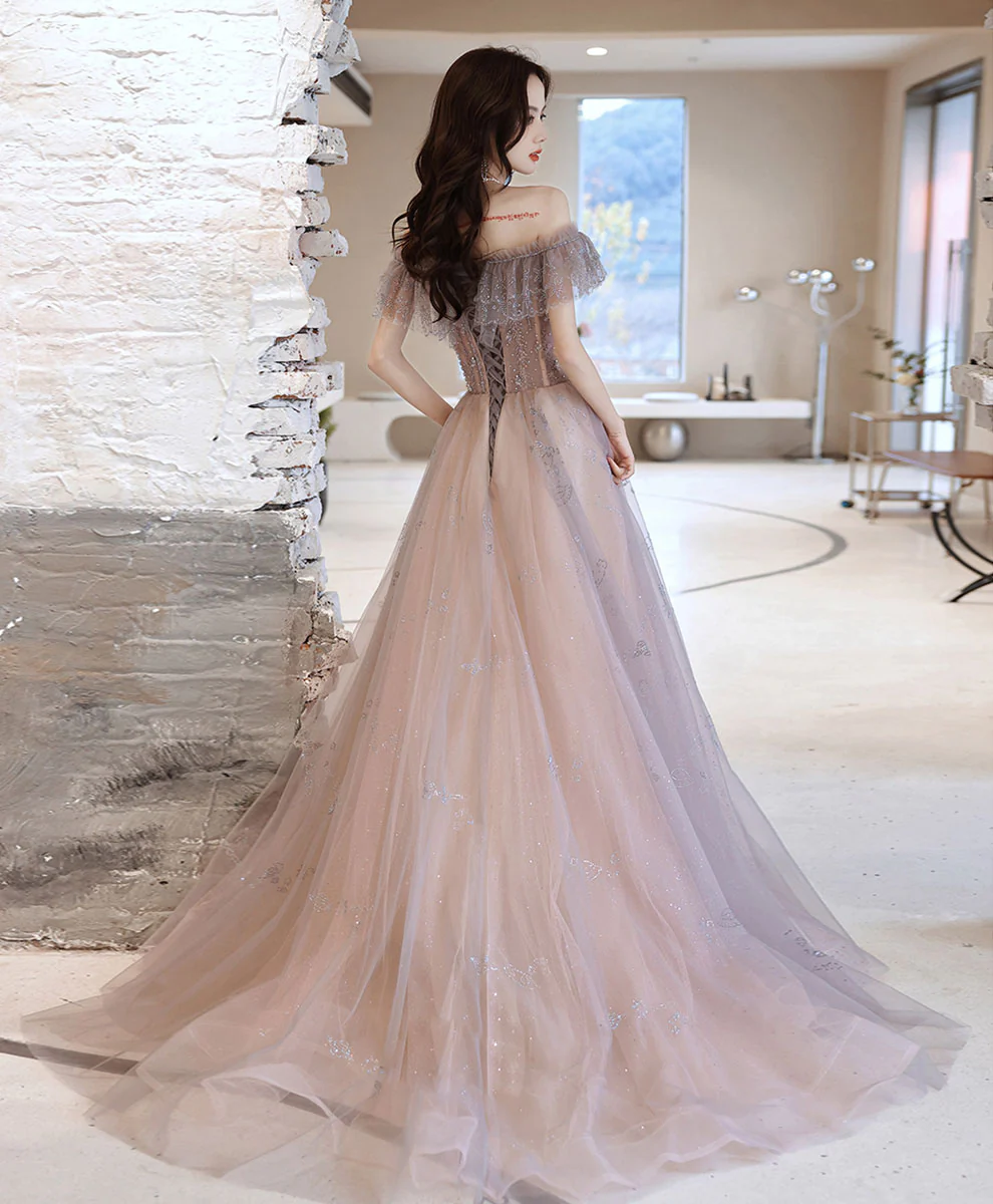 A-line Tulle Lace Off Shoulder Long Prom Dress Tulle Formal Dress - Deanwangkt