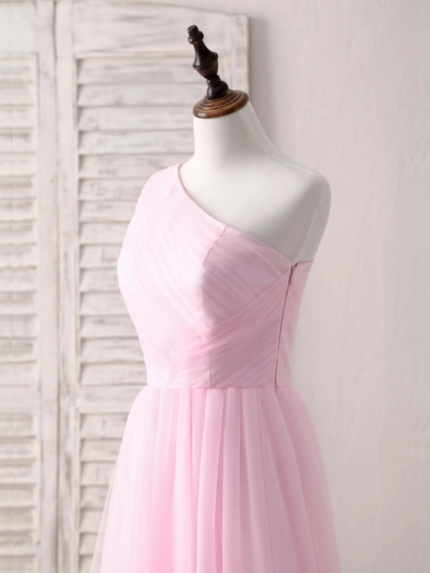 Pink Tulle One Shoulder Long Prom Dress Pink Bridesmaid Dress - Deanwangkt