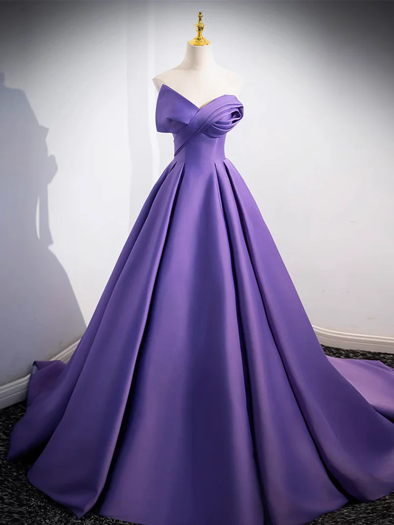 A-Line off Shoulder Satin Purple Long Prom Dress, Purple Long Evening Dress - Deanwangkt