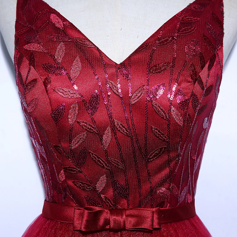 Burgundy V Neck Tulle Long Prom Dress, Evening Dress - Deanwangkt