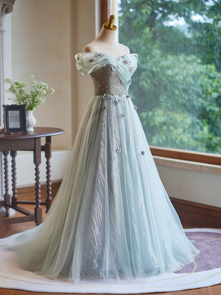 A-Line Off Shoulder Tulle Green Long Prom Dress, Green Long Evening Dress - Deanwangkt