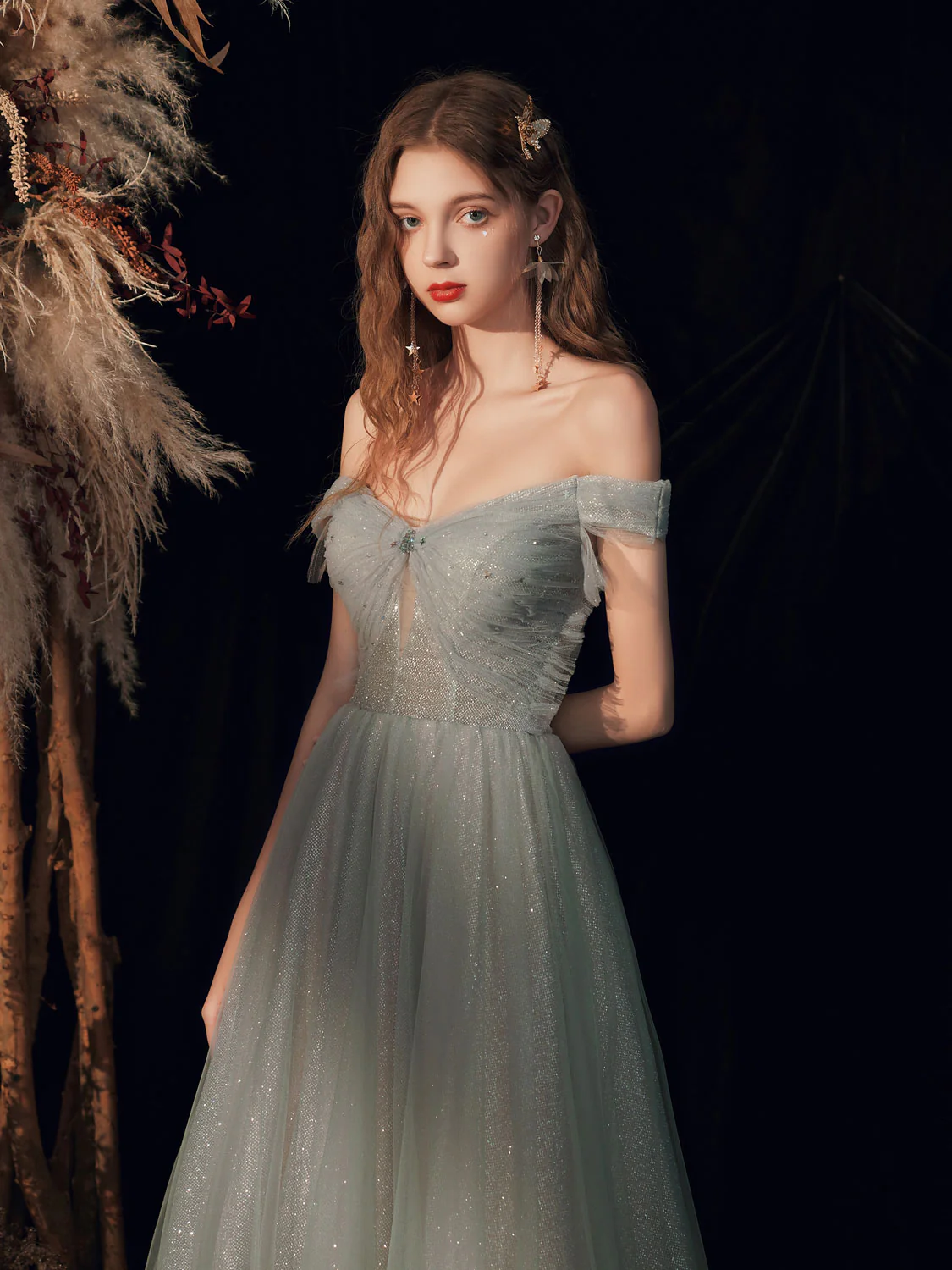 Gray Green Tulle Off Shoulder Sequin Long Prom Dress, Tulle Formal Graduation Dresses - Deanwangkt