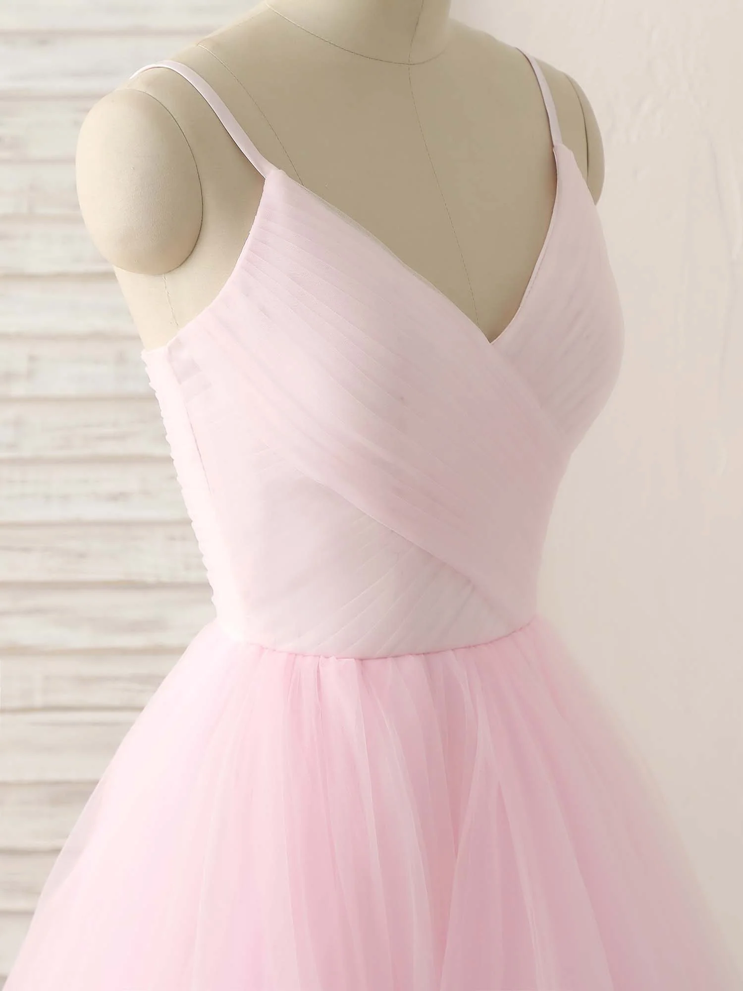 Pink V Neck Tulle Long Prom Dress Simple Pink Tulle Evening Dress - Deanwangkt