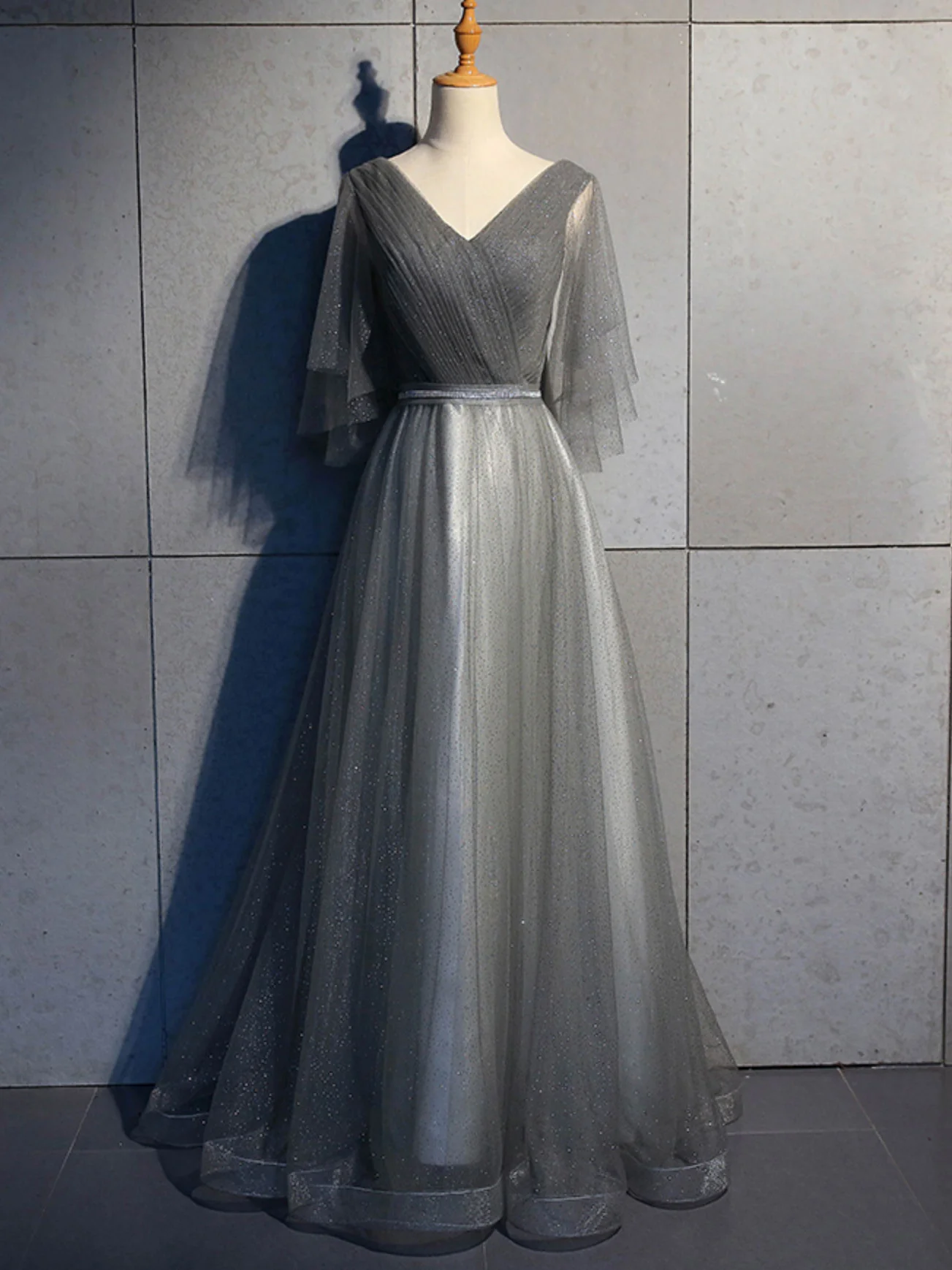 Simple V Neck Tulle Sequin Long Prom Dress, A line Tulle Evening Dresses - Deanwangkt