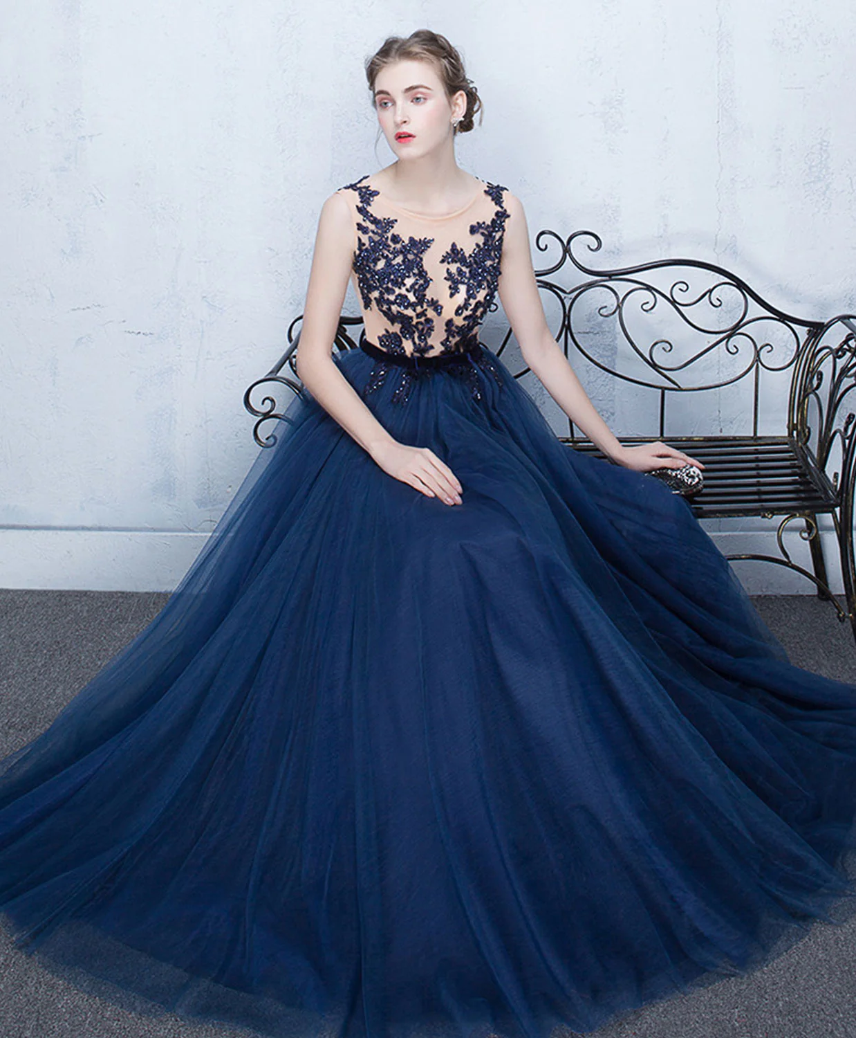 Elegant Dark Blue Tulle Lace Long Prom Dress, Blue Evening Dress - Deanwangkt