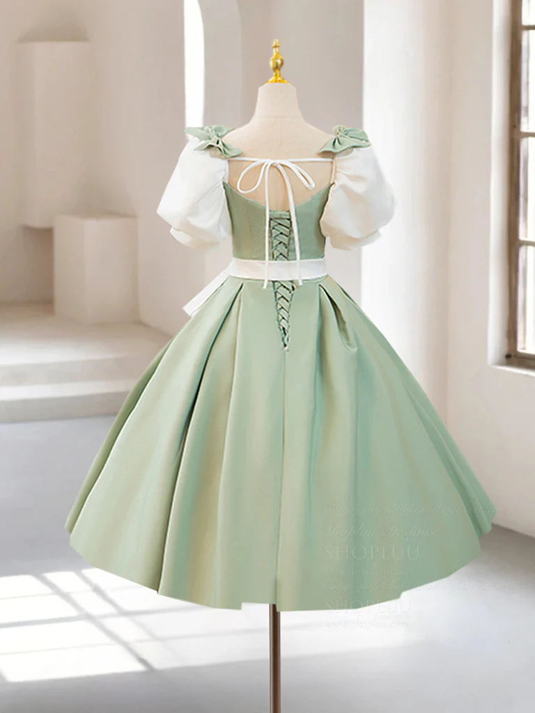 A-Line Puff Sleeves Satin Green Short Prom Dress, Cute Homecoming Dress - Deanwangkt