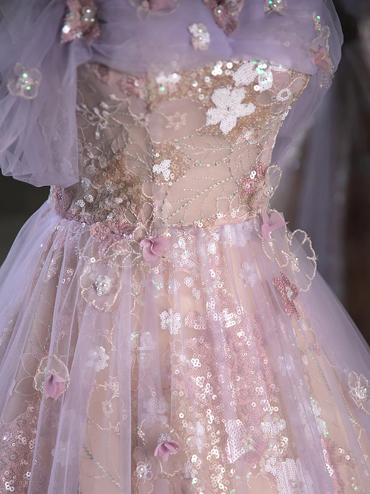 A-Line Off Shoulder Tulle Lace Purple Long Prom Dress, Purple Formal Dress - Deanwangkt