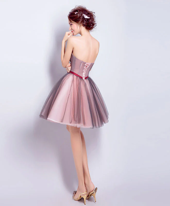 A Line Sweetheart Neck Tulle Mini Prom Dresses, Burgundy Homecoming Dress - Deanwangkt