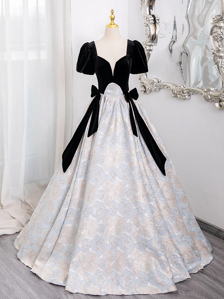 A-Line Short Sleeves Satin Velvet Black Long Prom Dress, Black Long Formal Dress - Deanwangkt