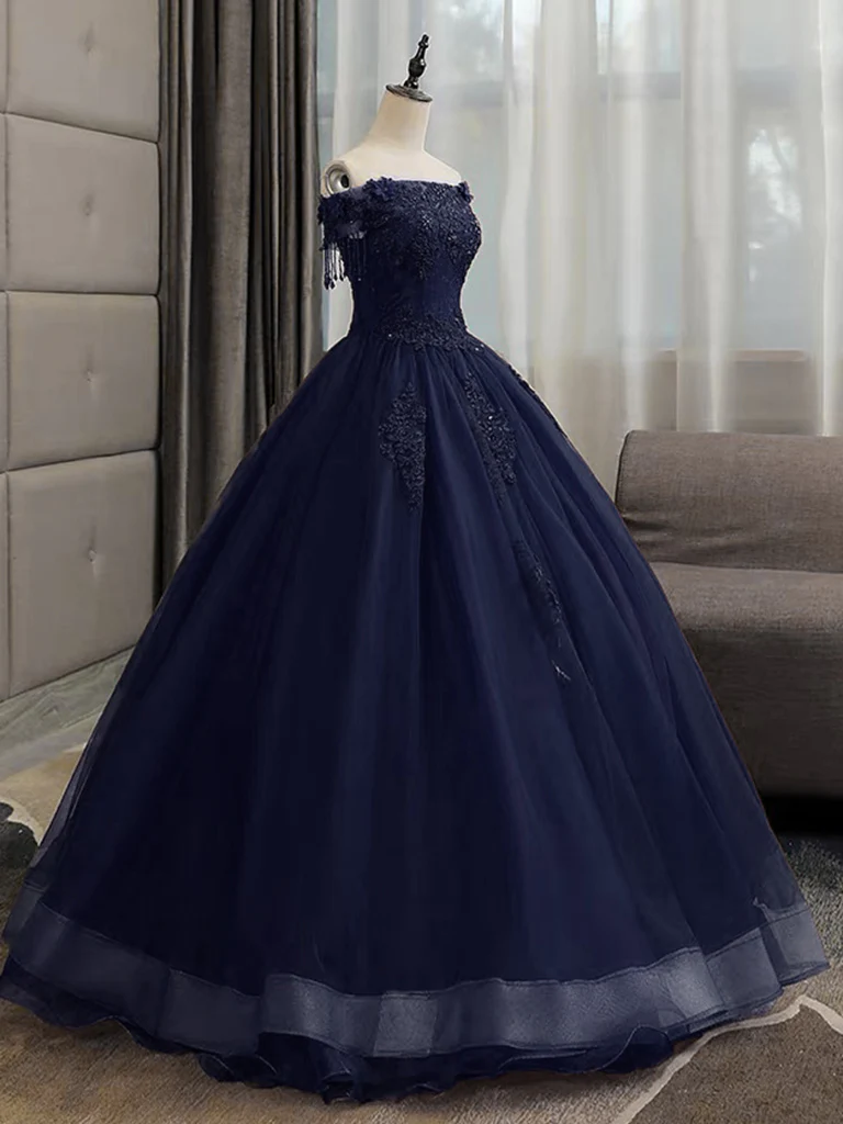 A-Line Tulle Lace Dark Blue Long Prom Dress, Dark Blue Long Sweet 16 Dress - Deanwangkt