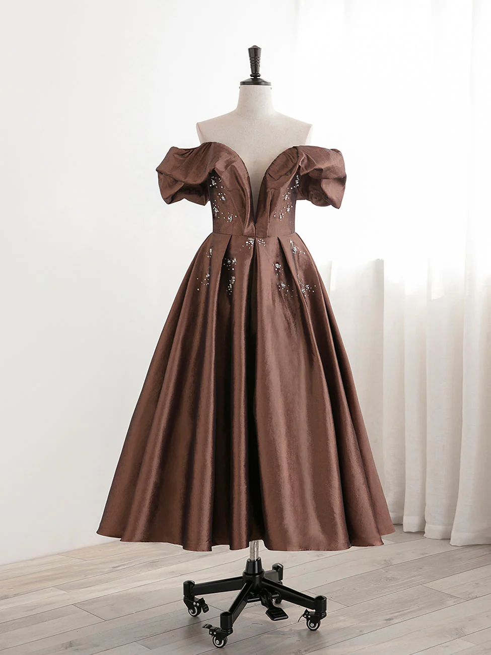 A-Line Tea length Brown Prom dresses, Off Shoulder Brown Formal Dress with Beading - Deanwangkt