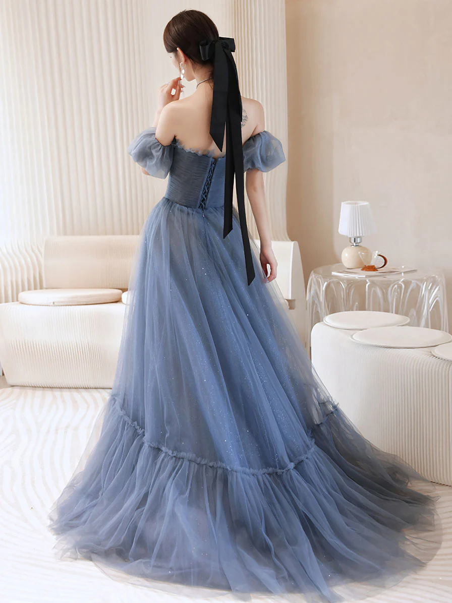 Gray Blue Tulle Long Prom Dress, Gray Blue Evening Dress - Deanwangkt