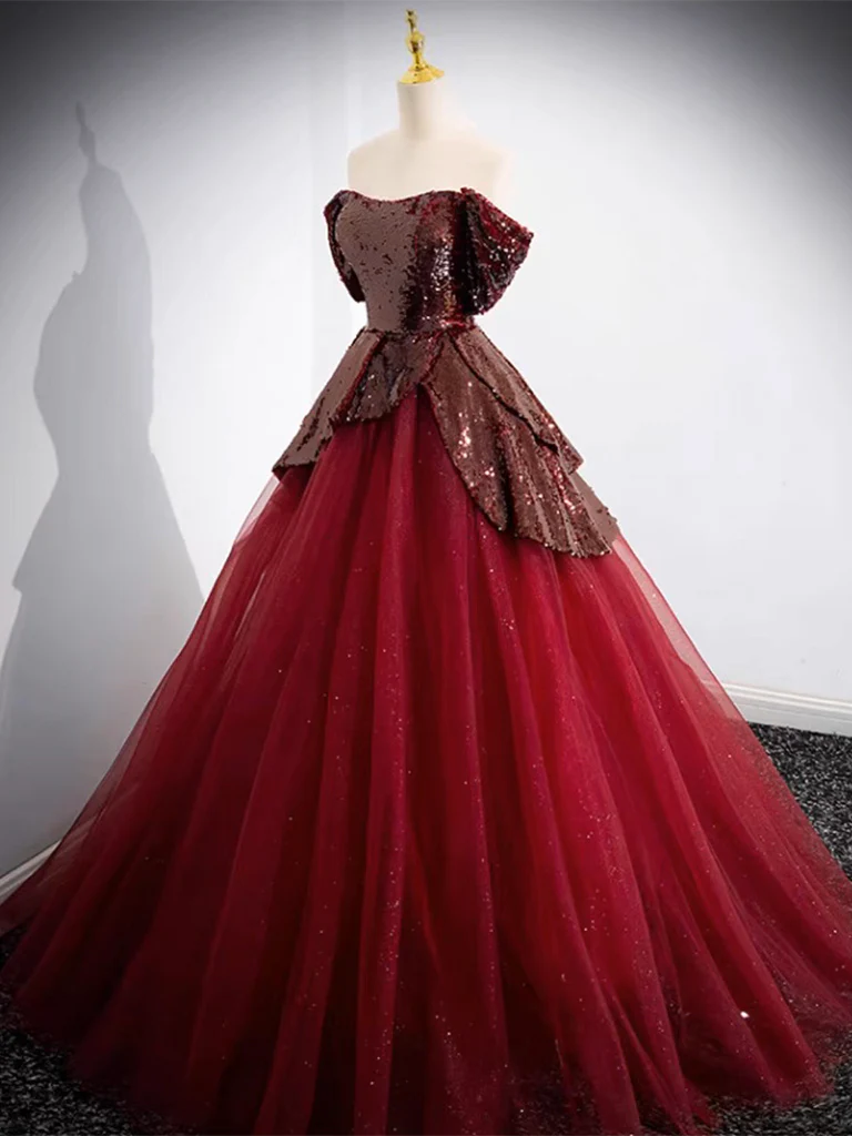 A-Line Tulle Sequin Burgundy Long Prom Dress, Off Shoulder Burgundy Formal Dress - Deanwangkt