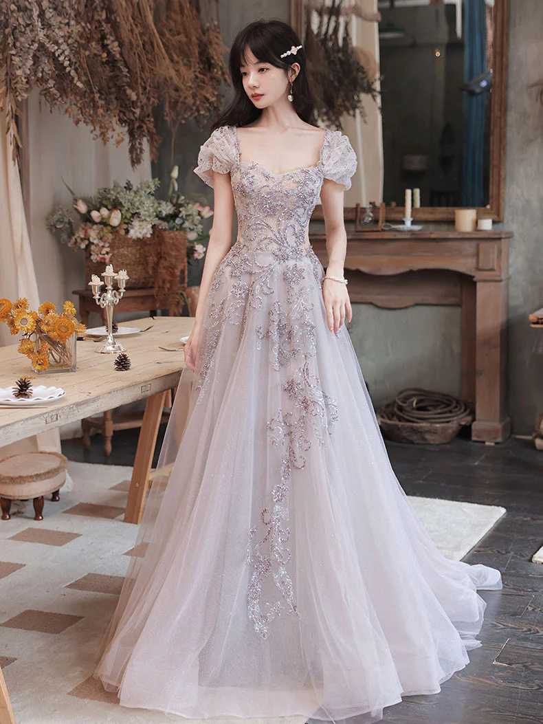 Elegant Tulle Sequin Beads Long Prom Dress Tulle Formal Dress - Deanwangkt