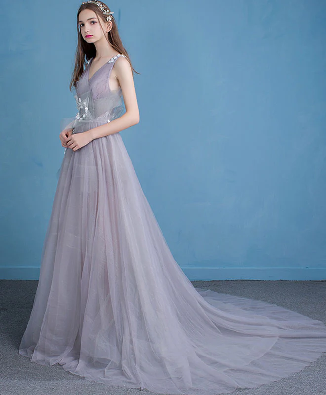 Stylish Gray Tulle Lace Long Prom Dress, Evening Dress - Deanwangkt