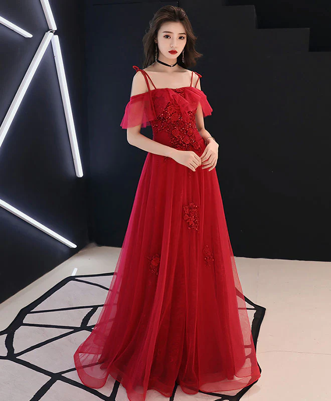 Red Tulle Lace Long Prom Dress Red Lace Formal Party Dress - Deanwangkt