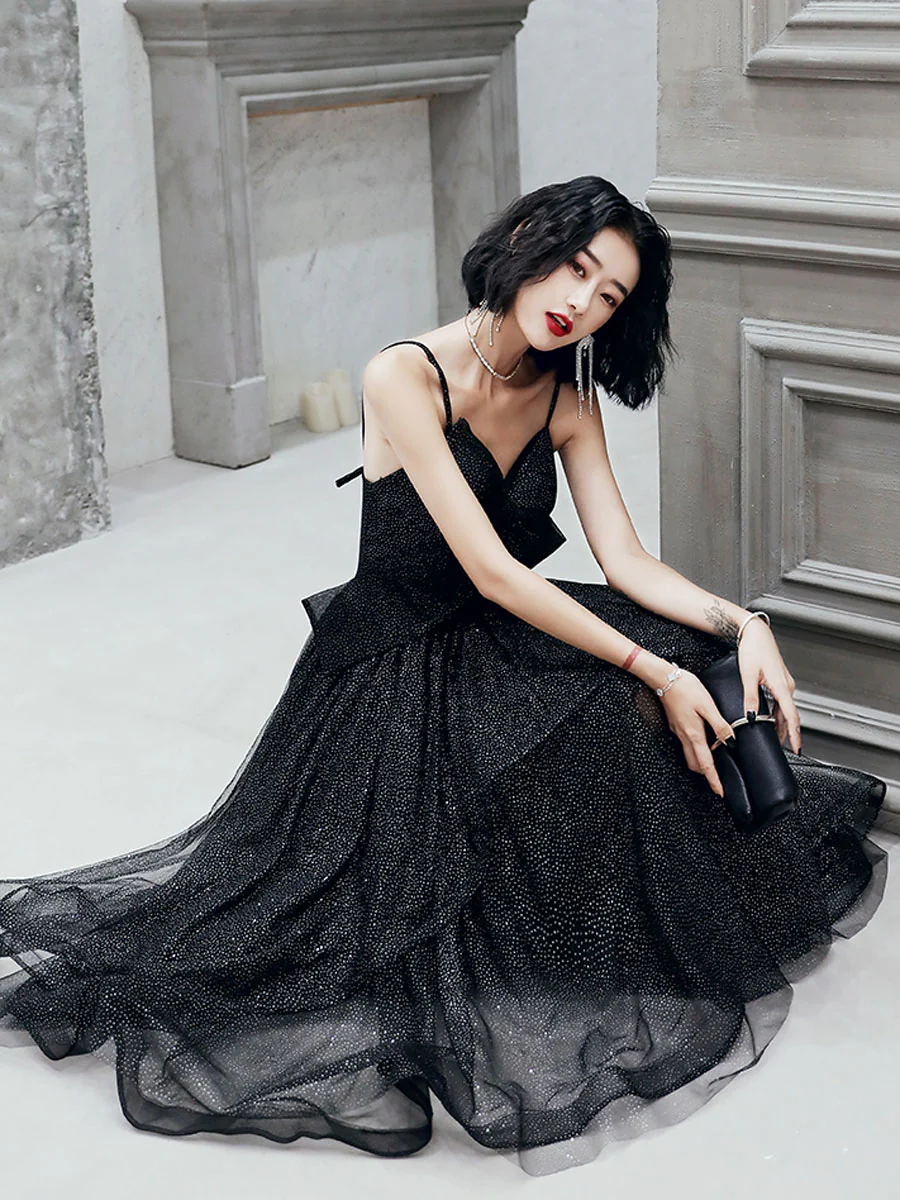 V Neck Tulle Sequin Short Black Prom Dresses, Black Tulle Homecoming Dresses - Deanwangkt