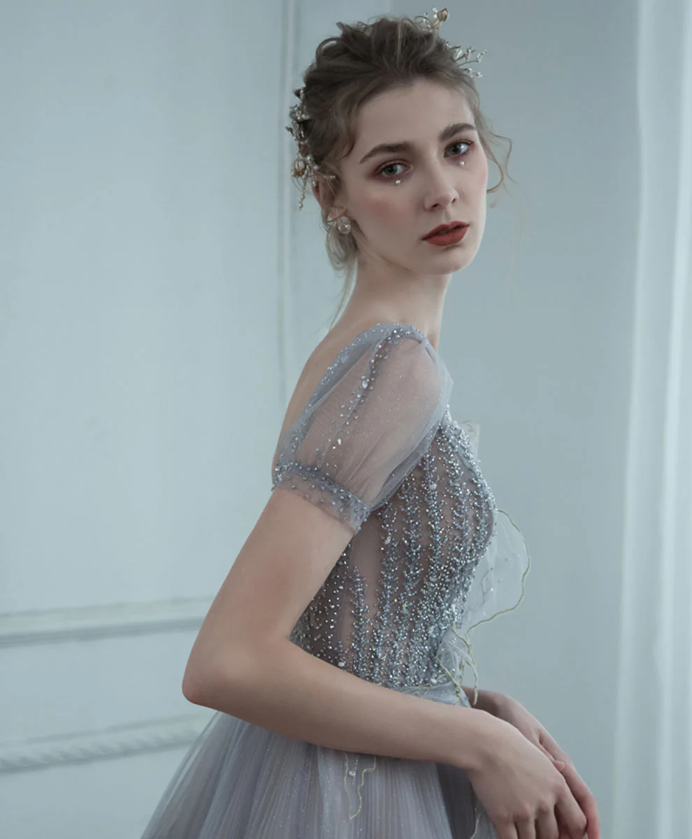 Gray V Neck Tulle Sequin Long Prom Dress, Gray Formal Graduation Dress with Beading - Deanwangkt