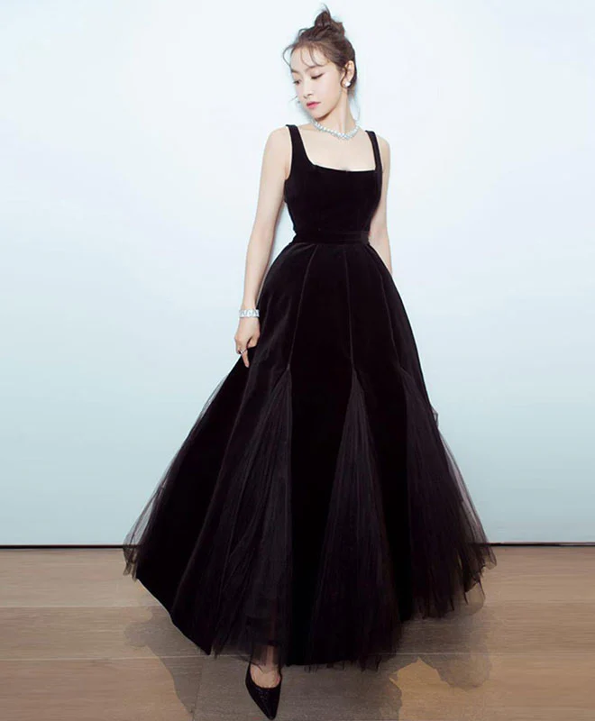 Black Velvet Tulle Tea Length Prom Dress, Black Evening Dress - Deanwangkt
