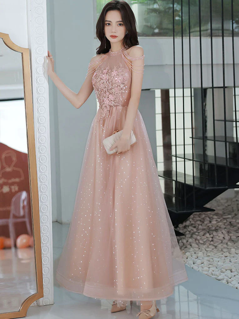 Unique Pink Tulle Lace Tea Length Prom Dress, Pink Tulle Formal Dresses - Deanwangkt