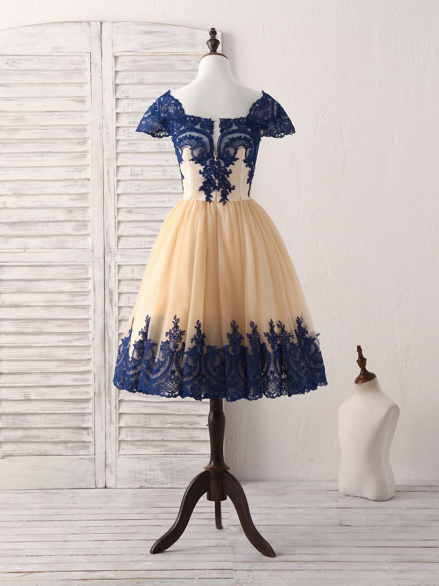 Champagne Tulle Lace Applique Short Prom Dress, Bridesmaid Dress - Deanwangkt