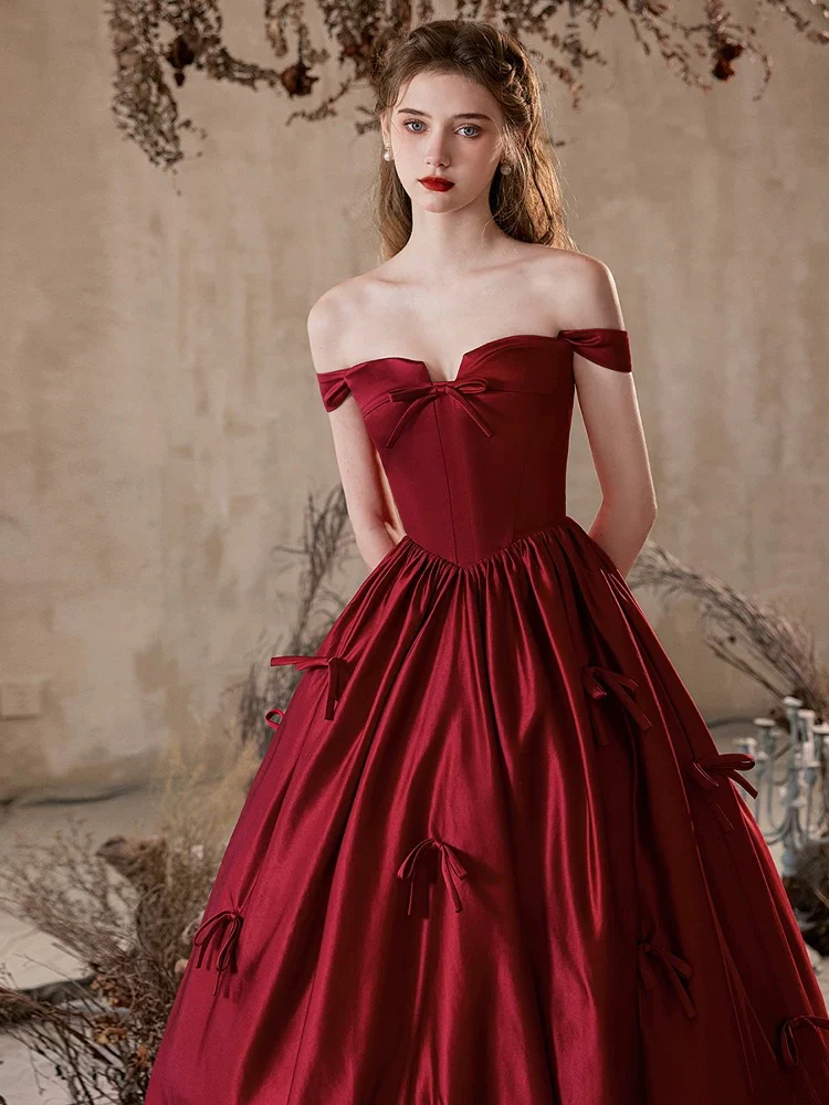 A-Line Off Shoulder Satin Burgundy Long Prom Dress, Burgundy Formal Dress - Deanwangkt