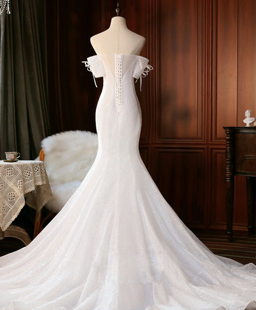 White Sequin Mermaid Long Prom Dress White Wedding Dress - Deanwangkt