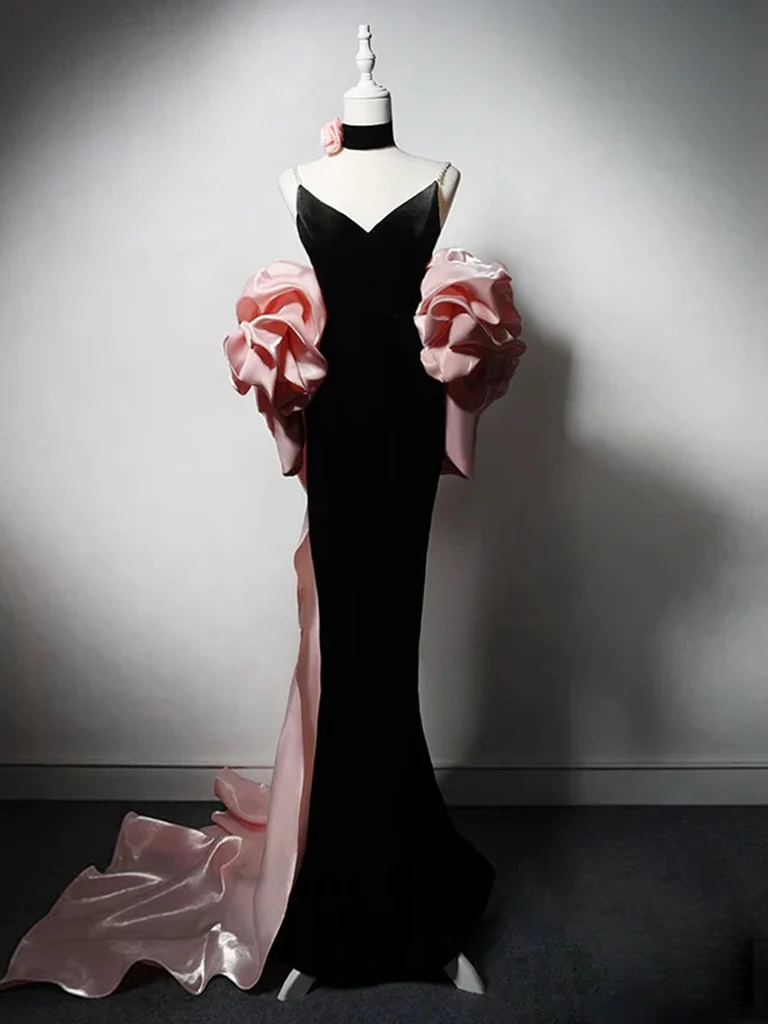 Mermaid V Neck Velvet Black Long Prom Dress, Black Velvet Party Dress - Deanwangkt