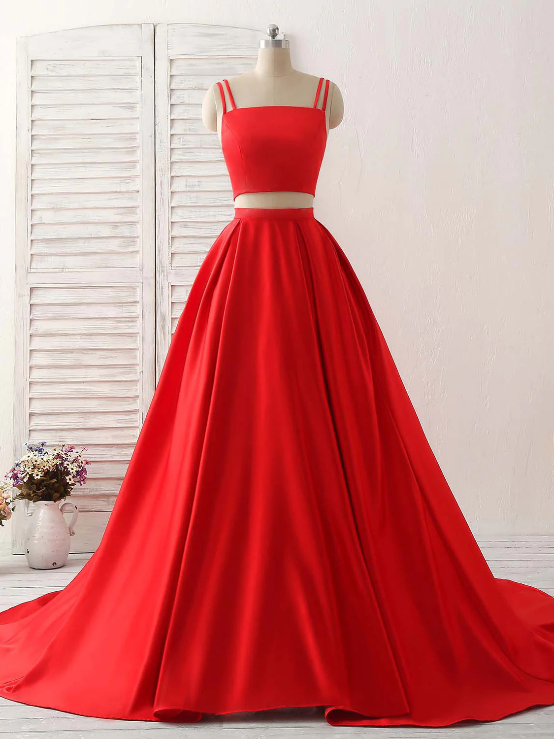 Red Two Pieces Satin Long Prom Dress Simple Red Evening Dress - Deanwangkt