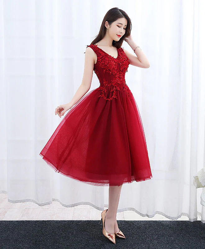 Burgundy V Neck Tulle Short Prom Dress, Lace Evening Dress - Deanwangkt