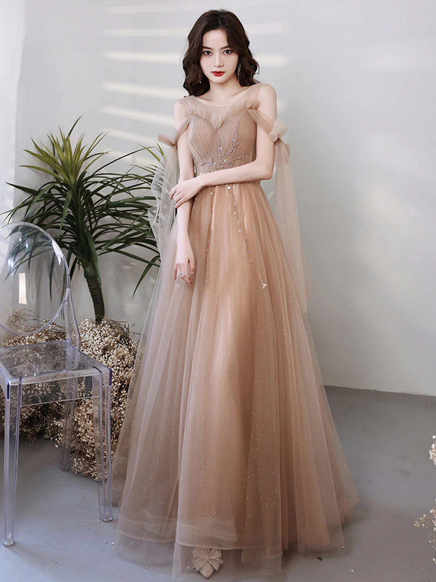 A line Tulle Beads Champagne Long Prom Dress, Champagne Graduation Dresses - Deanwangkt