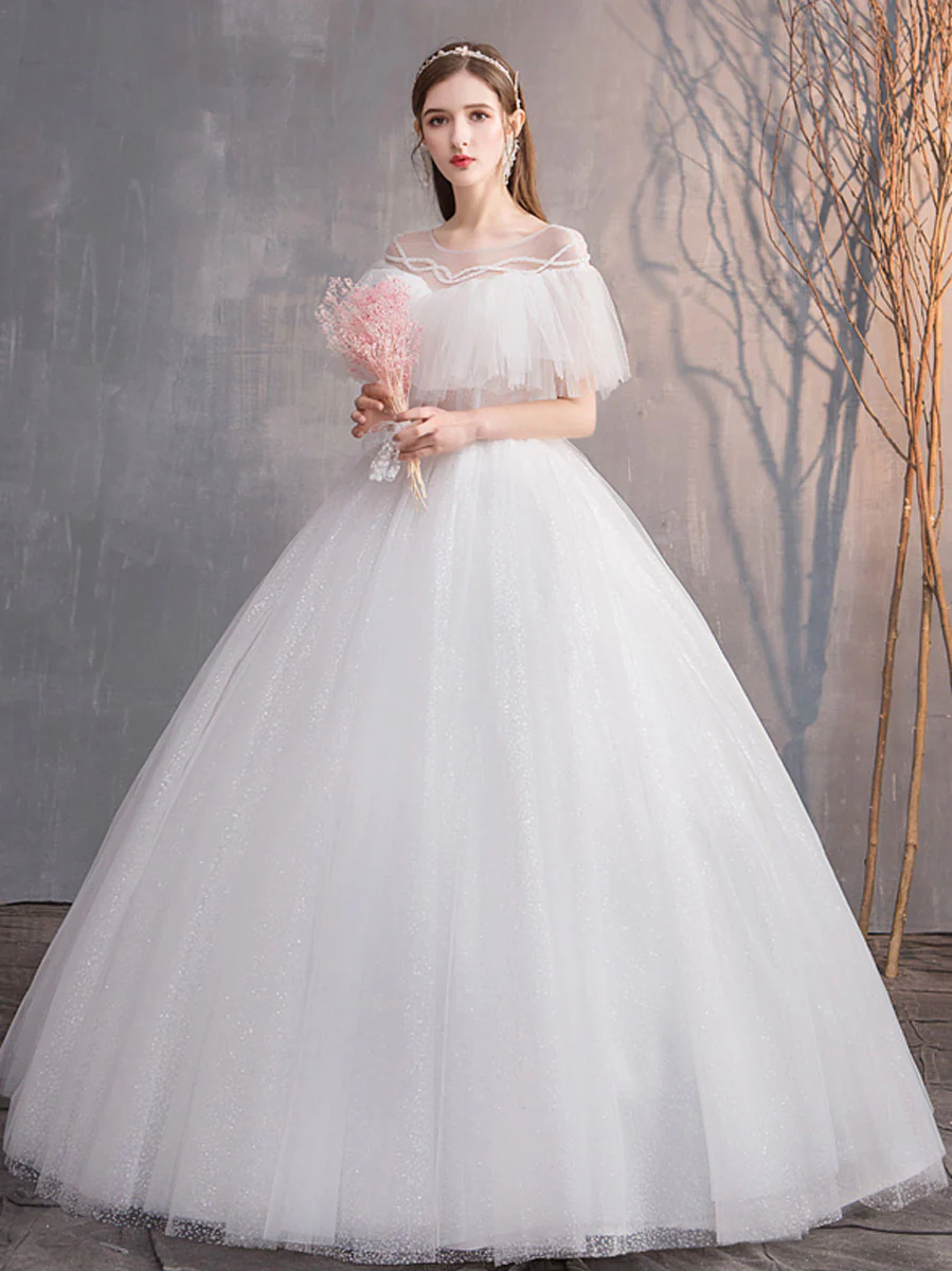 White Round Neck Tulle Long Wedding Dress, White Tulle Long Bridal Dress - Deanwangkt