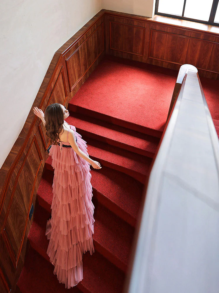 Pink V Neck High Low Long Prom Dress, Pink Tulle Formal Graduation Dresses - Deanwangkt