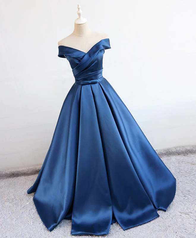 Simple Blue Satin Long Prom Dress, Blue Formal Bridesmaid Dresses - Deanwangkt