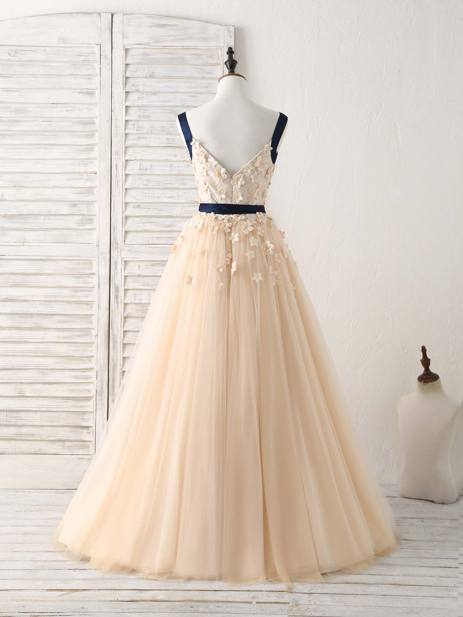 Unique Champagne Lace Tulle Long Prom Dress, Champagne Evening - Deanwangkt