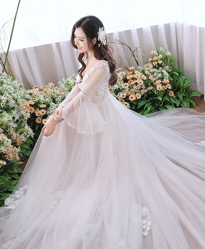 White V Neck Tulle Lace Long Prom Dress, White Evening Dress - Deanwangkt