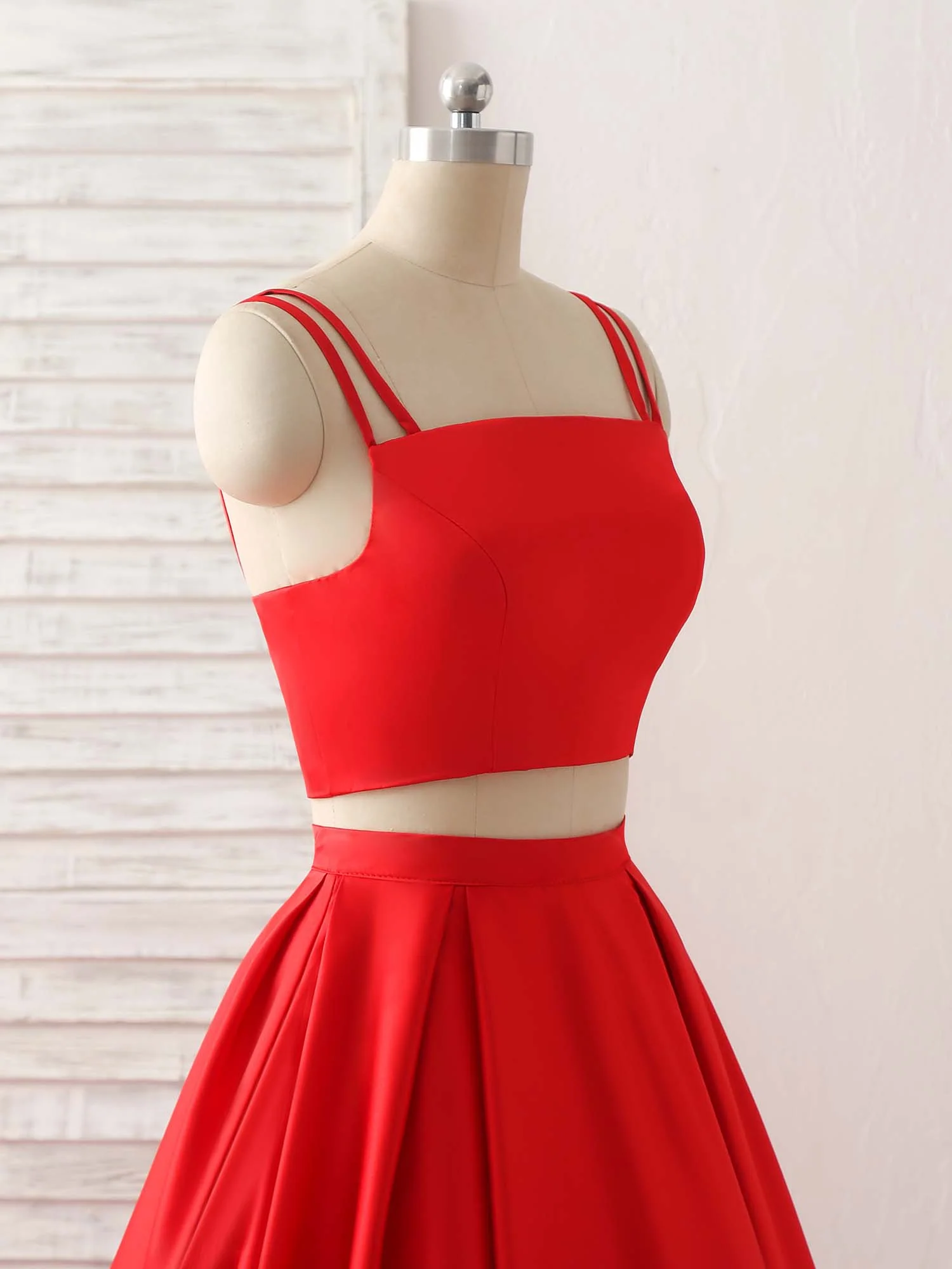 Red Two Pieces Satin Long Prom Dress Simple Red Evening Dress - Deanwangkt