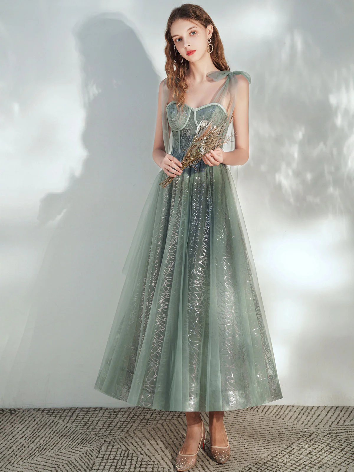 A -line Tulle Lace Tea Length Green Prom Dress, Formal Aline Green Homecoming Dresses - Deanwangkt