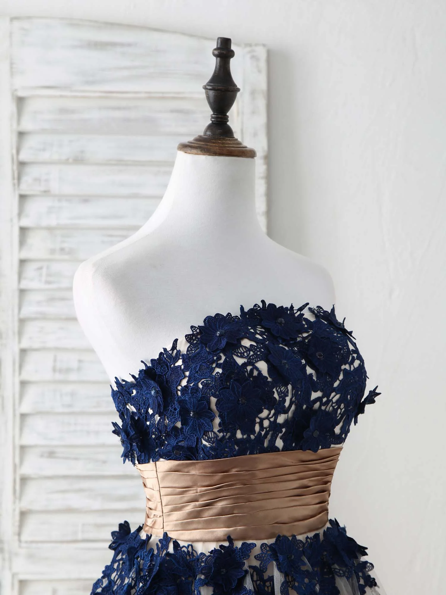 Dark Blue Lace Applique Tulle Long Prom Dress Blue Bridesmaid Dress - Deanwangkt