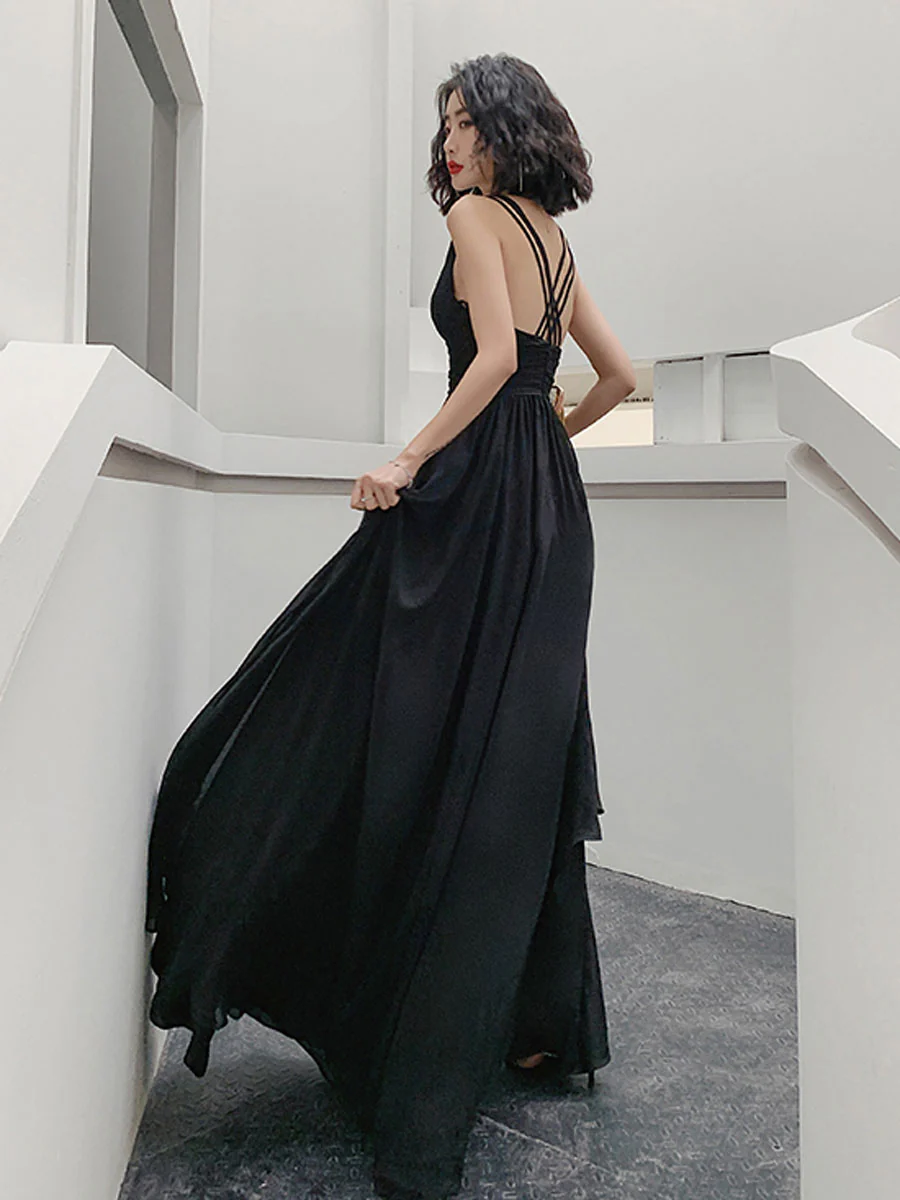 Simple V Neck Chiffon Black Long Prom Dress, Black Evening Dresses - Deanwangkt