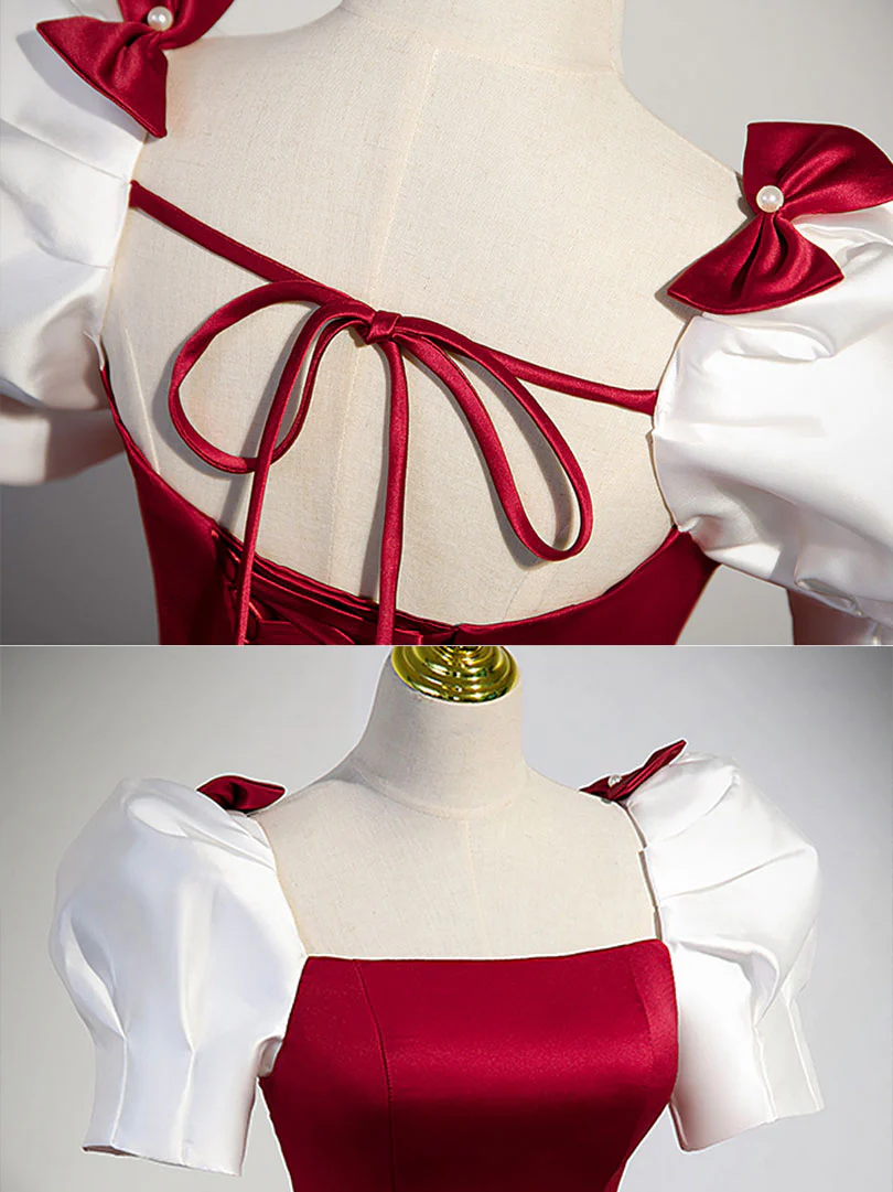 A-Line Satin Burgundy Long Prom Dresses, Puffy Sleeve Formal Evening Dress - Deanwangkt