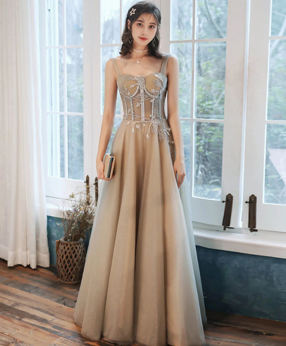 Simple Aline Champagne Long Prom Dress, Champagne Formal Graduation Dress - Deanwangkt