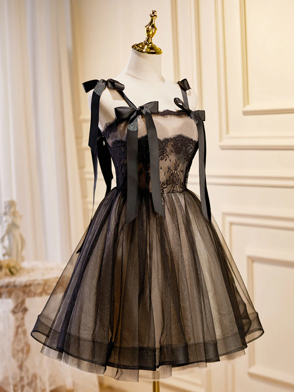 Black A-Line Tulle Lace Short Prom Dress, Black Lace Homecoming Dresses - Deanwangkt