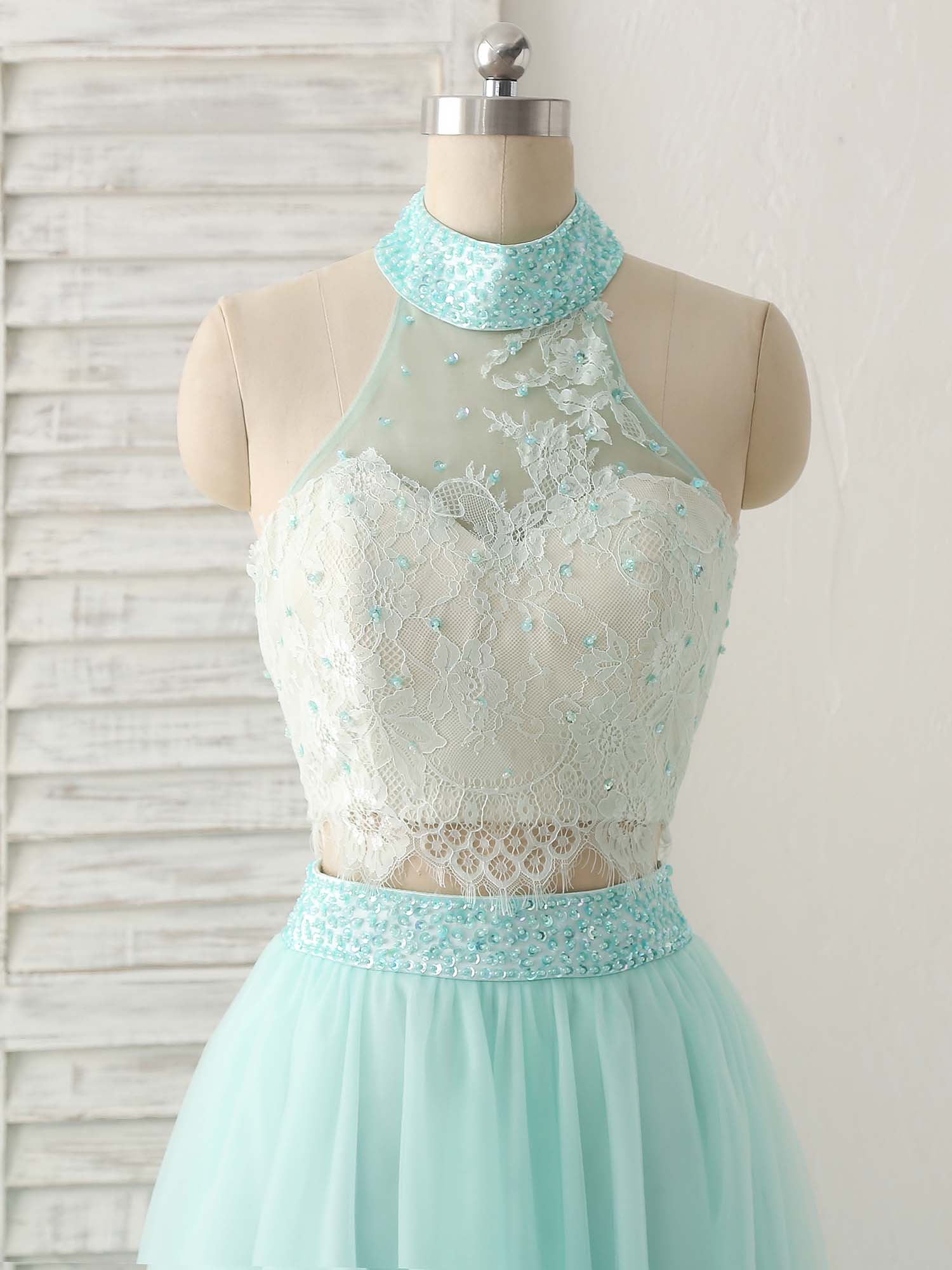 Green Tulle Two Pieces Long Prom Dress Lace Beads Formal Dress - Deanwangkt