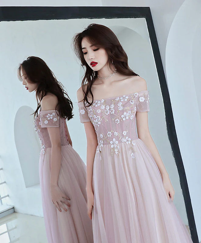 Pink Tulle Lace Long Prom Dress, Pink Bridesmaid Dress - Deanwangkt
